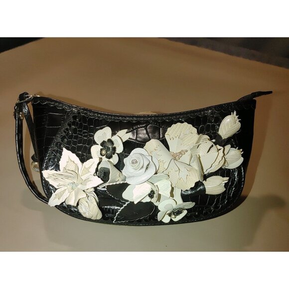 Brighton Leather Floral Embellished Black Retired Calista Croc Embossed Wristlet - Picture 7 of 10